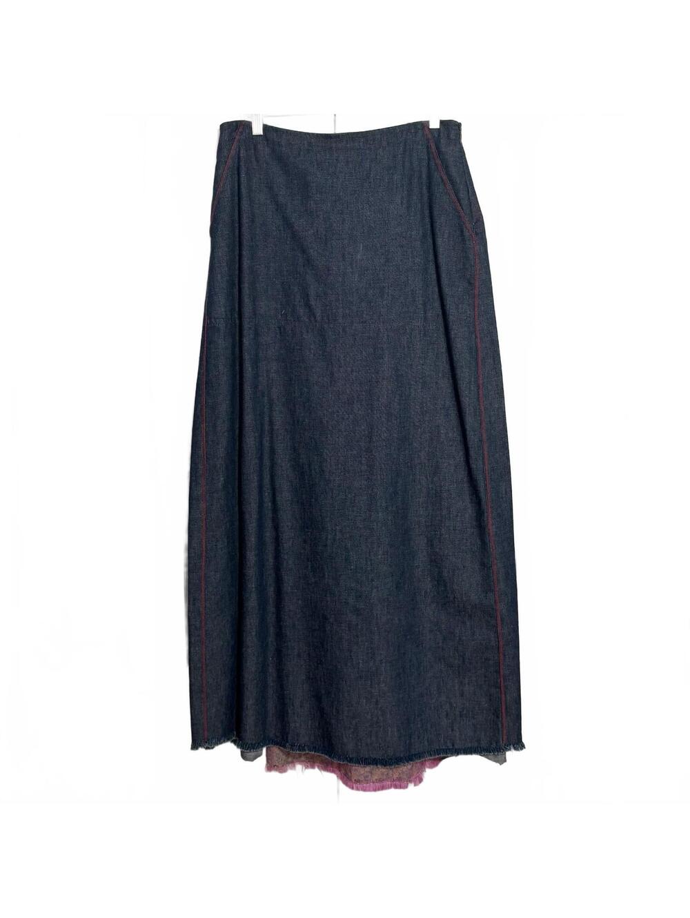 Free People Maxi Skirt Y2K Knit Denim Blue Pink Floral Boho Festival Vintage Med